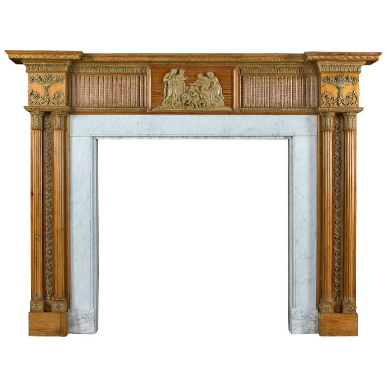 Large Antique Pine and Gesso Fireplace Mantel, circa 1770 For
