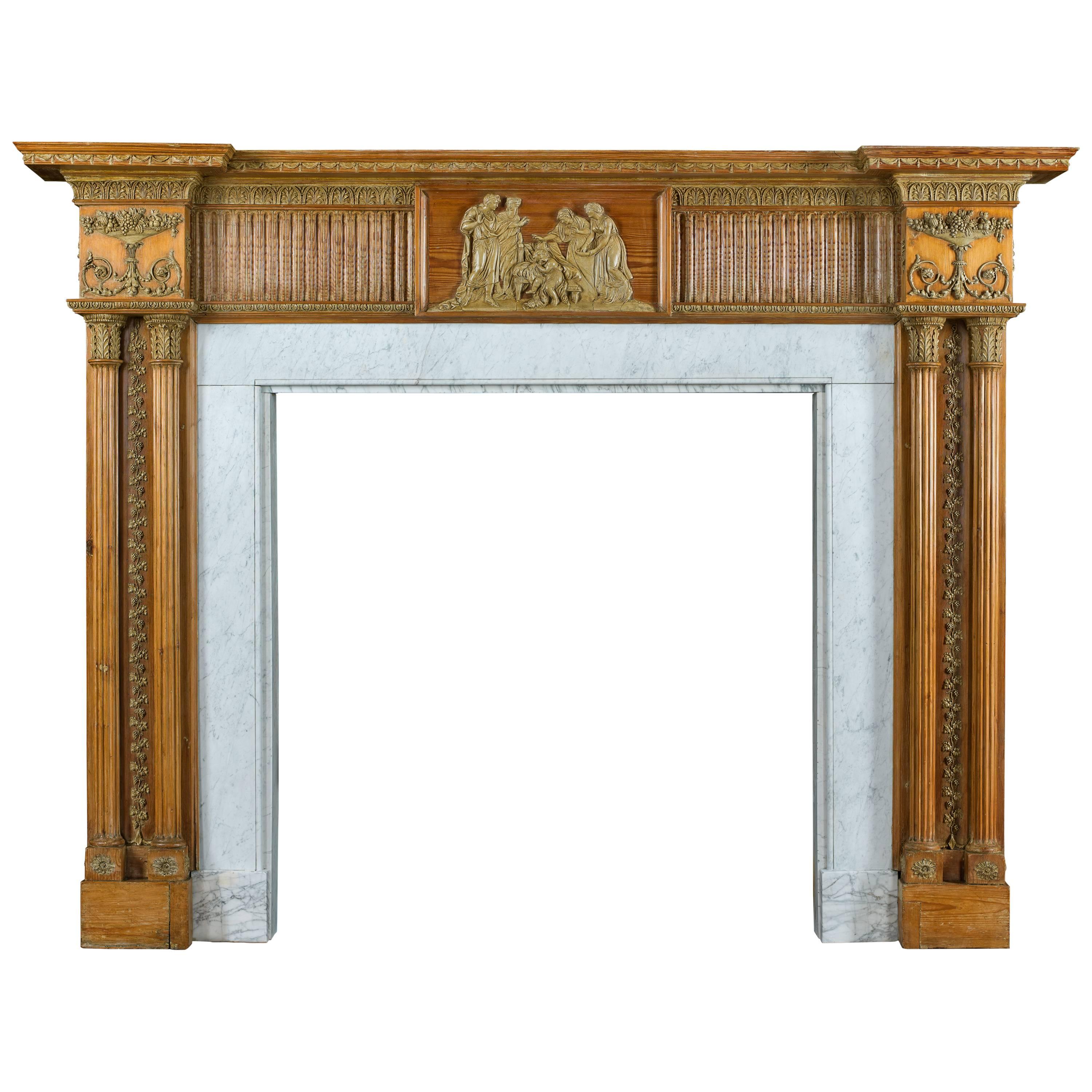 Large Antique Pine and Gesso Georgian Fireplace Mantel, circa 1770 For Sale