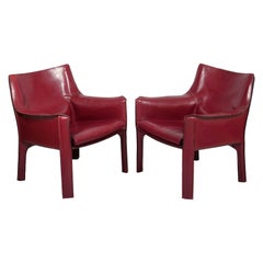 Pair Mario Bellini China Red Leather Cab Chairs, Model 414 for Cassina Italy