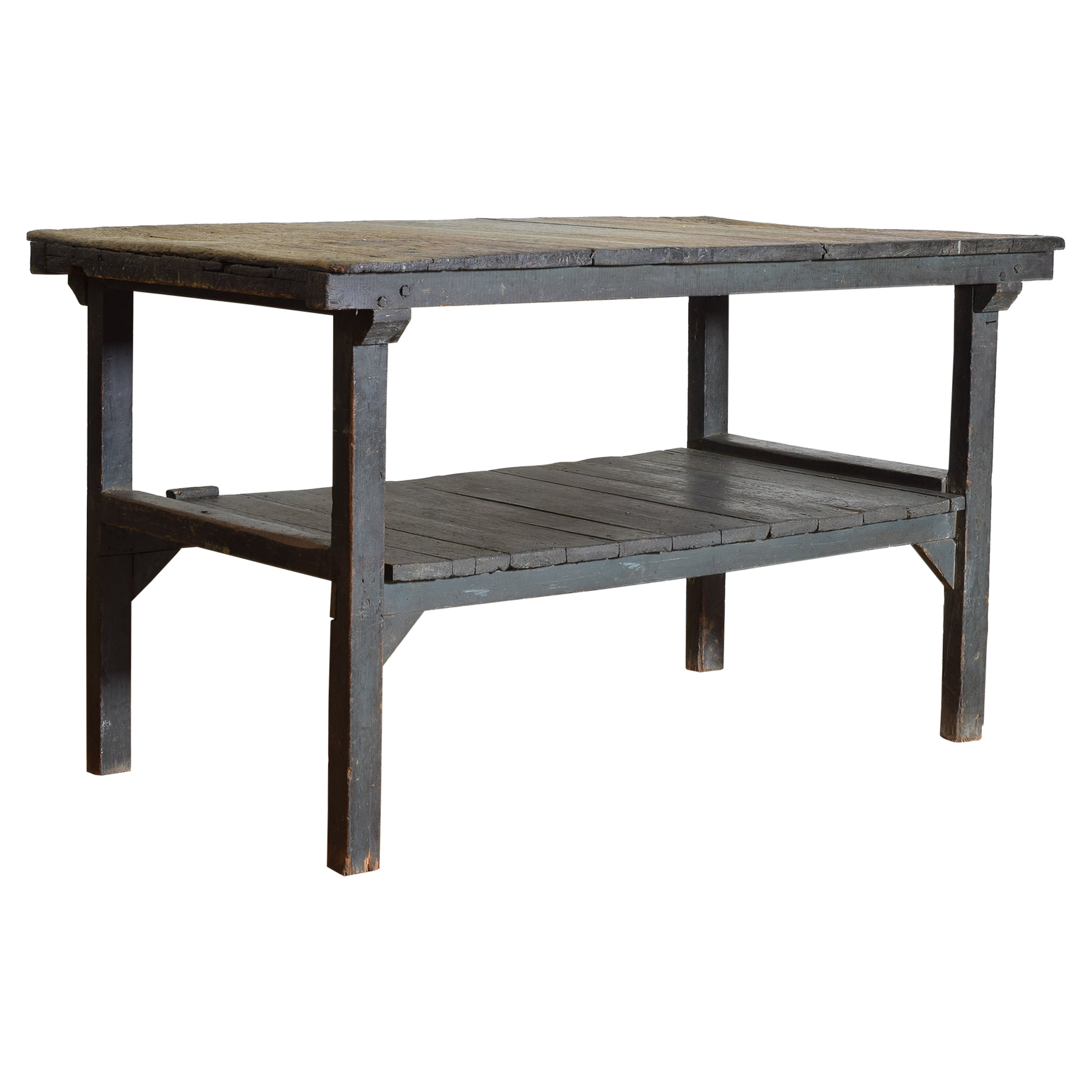 Spanish Neoclassic Blue Painted Pinewood Gardening Table, 1st quarter 19th cen. For Sale