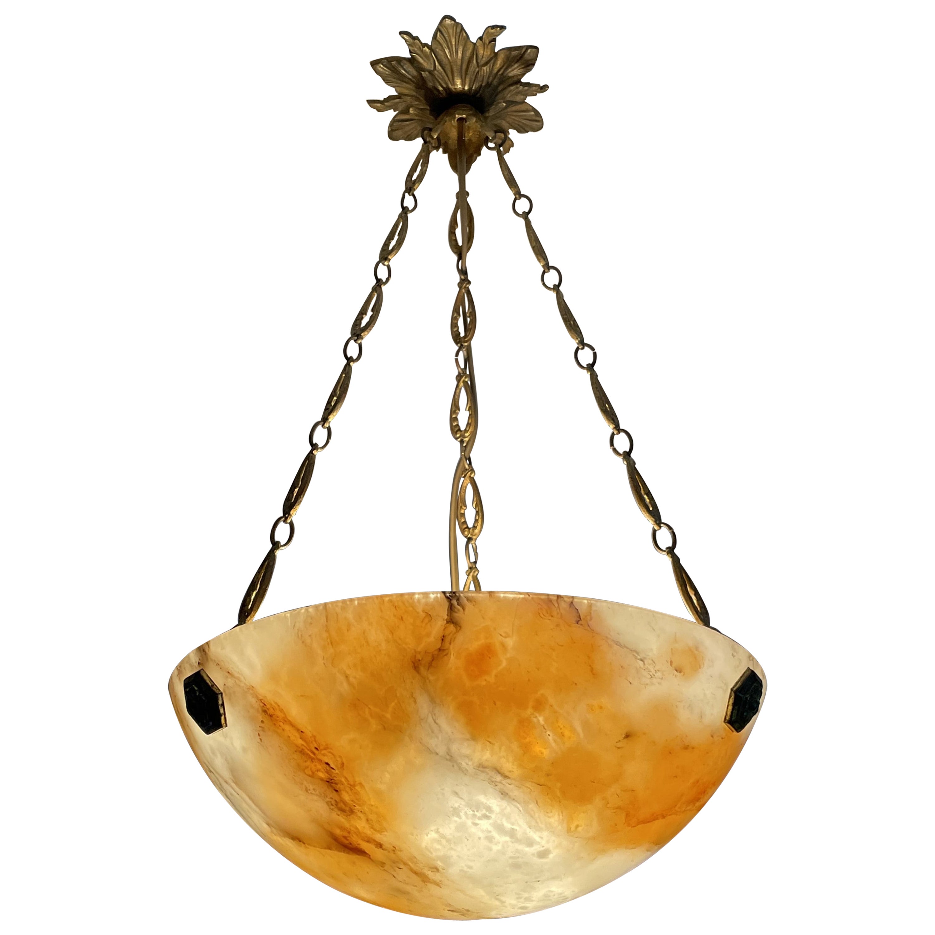 Small Antique French Alabaster Pendant w. Gilt Rosettes & Bronze Chain & Canopy For Sale