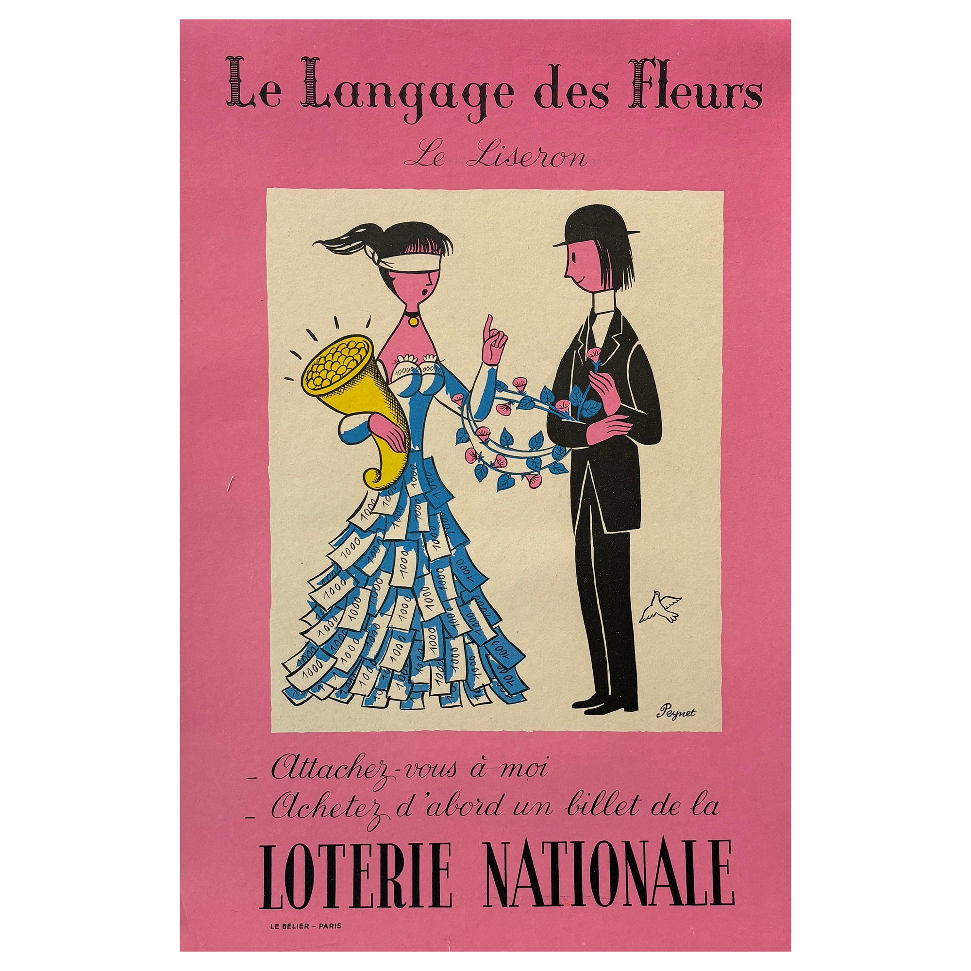 Peynet ‘Le Langage Des Fleurs’ Original Vintage Poster, C. 1970 For Sale