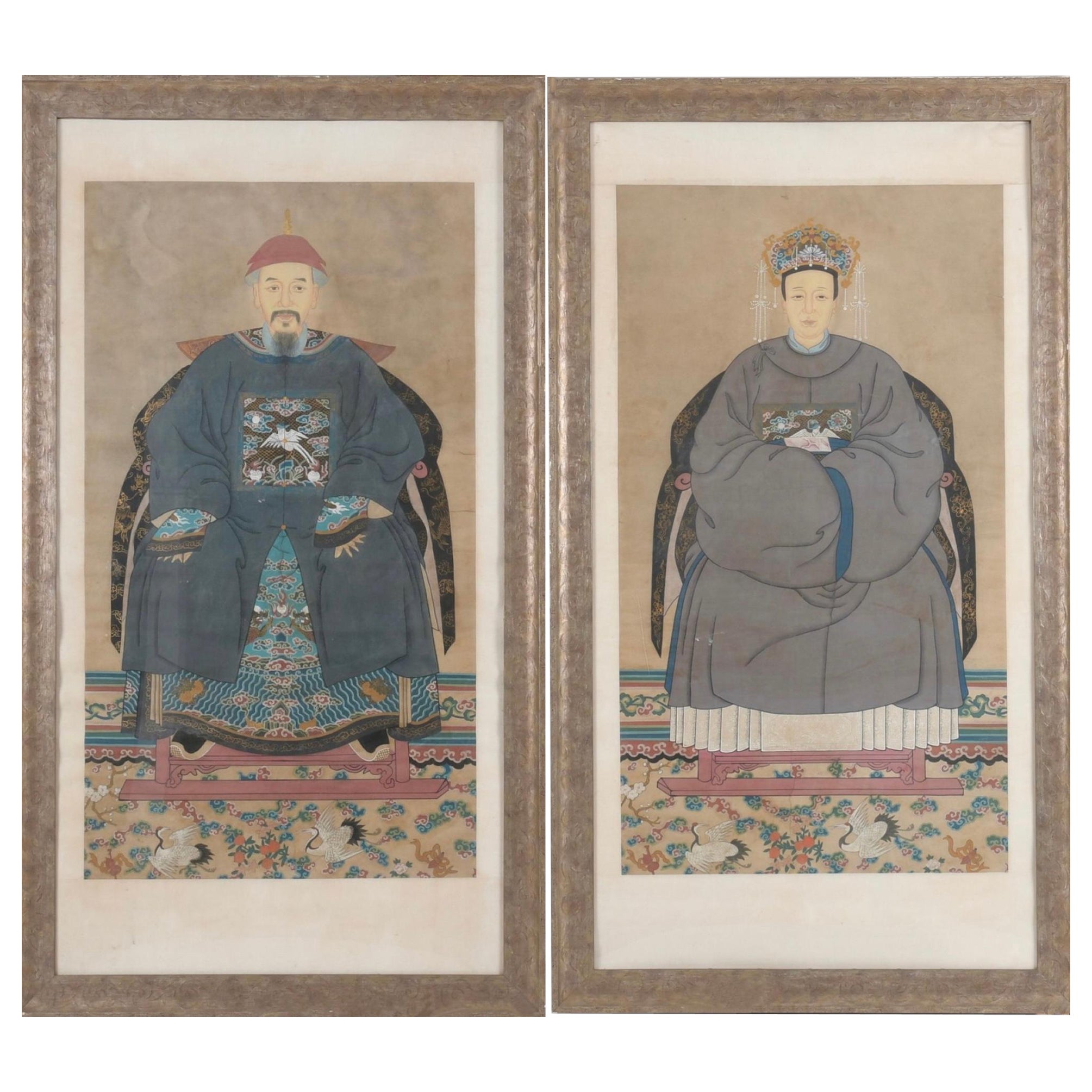 Early Monumental Framed Chinese Ancestral Portraits -Guache on Paper , 76”h - S/ For Sale