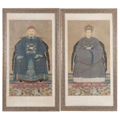 Portraits anciens monumentaux chinois encadrés -Guache sur papier, 76h - S/