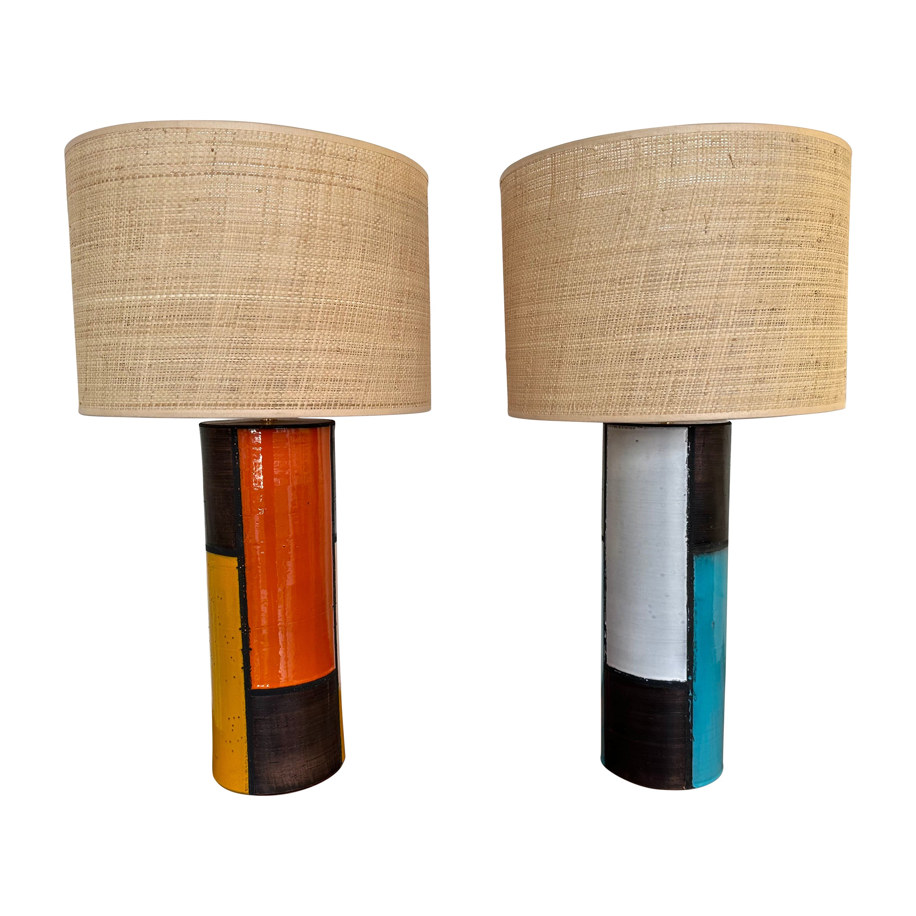 Mid-Century Pair of Ceramic Lamps Mondrian by Bitossi. Italy, 1990s For Sale