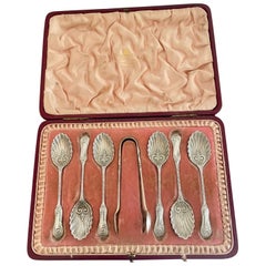 Set of Quality Used Victorian Solid Silver Spoons and Sugar Tongs 