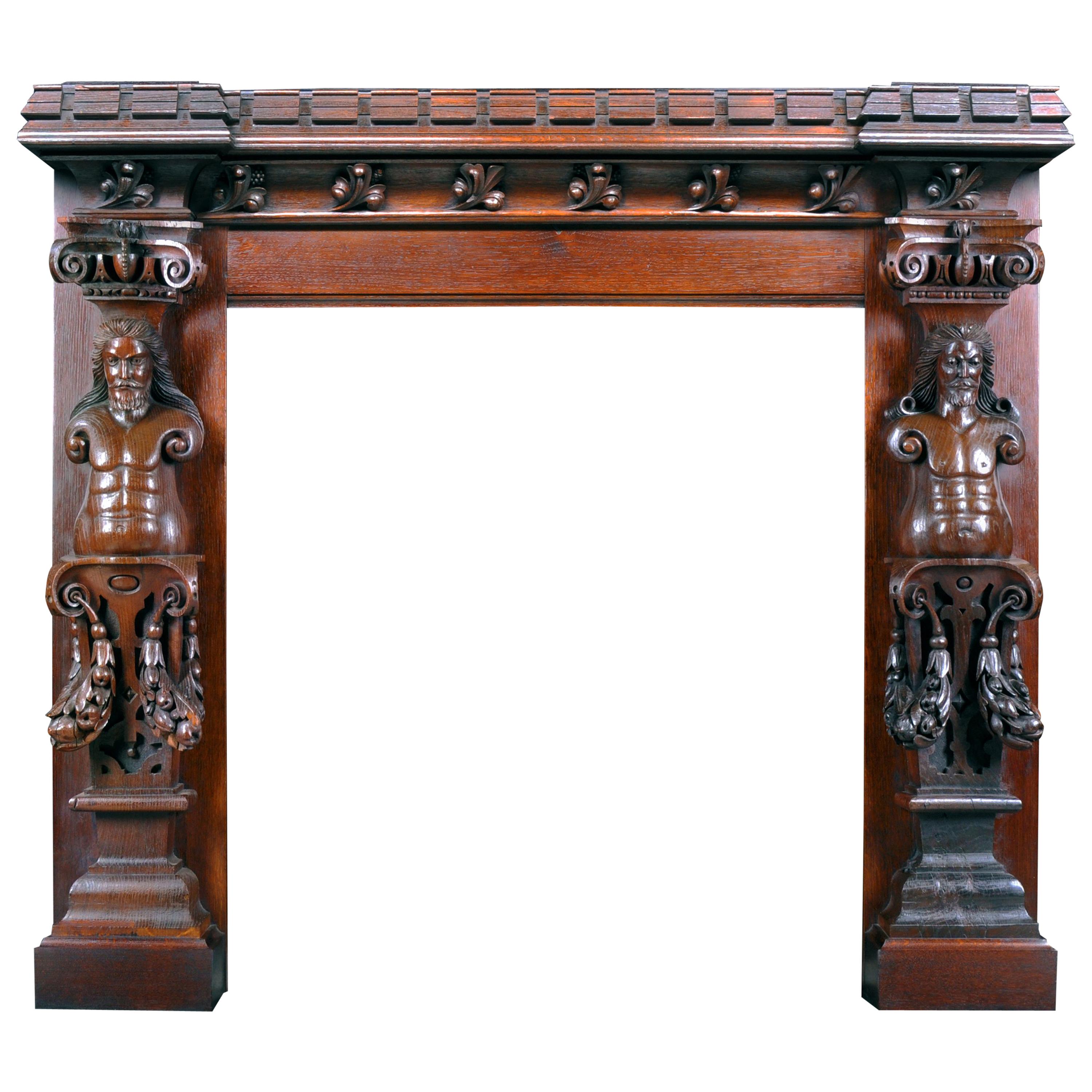 Castellated Jacobean Revival Style Antique Carved Oak Fireplace Mantel For Sale