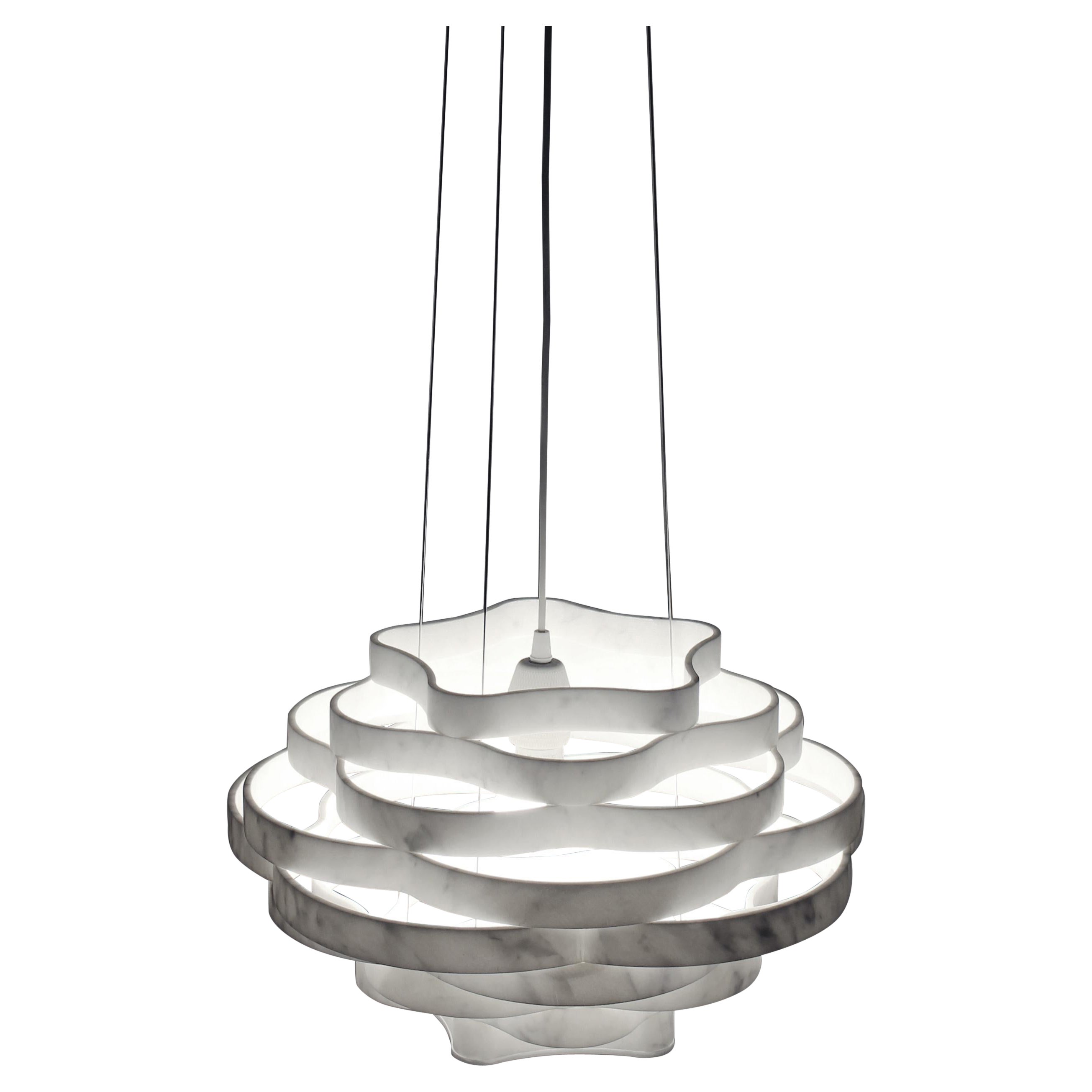 Modern Round Pendant Light Carrara White Marble Polished Paolo Ulian for Dilmos
