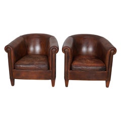 Vintage Dutch Cognac Colored Leather Club Chair, Set of 2