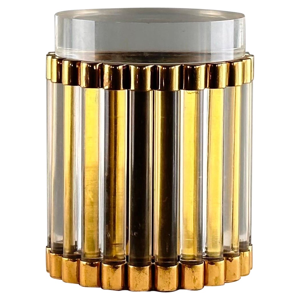 Gabriella Crespi Signed Round Box/Bottle Basket in Plexiglass and Brass, 1970s