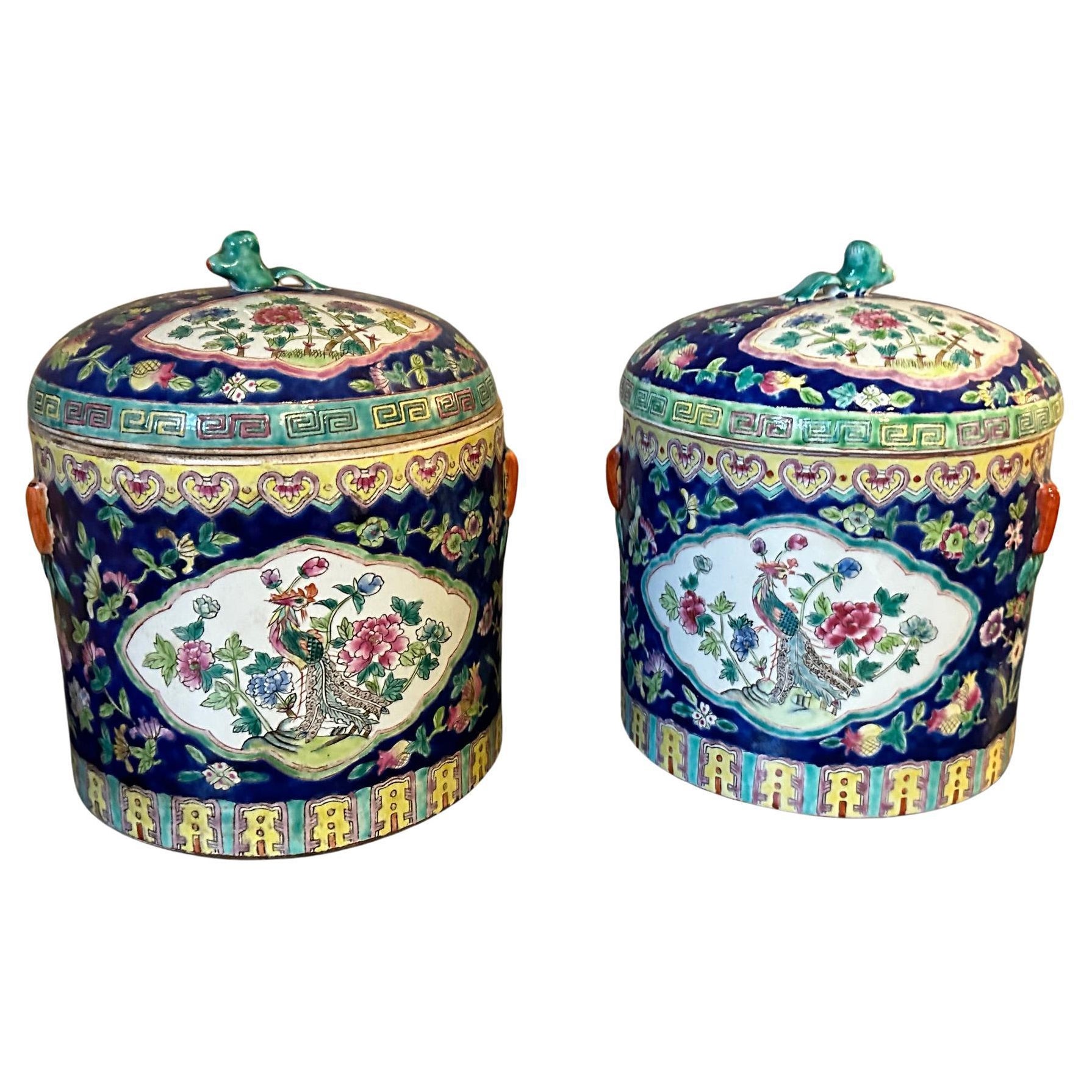 Late 19th century Chinese Pair of Ceramic Ginger pots, 1890s For Sale