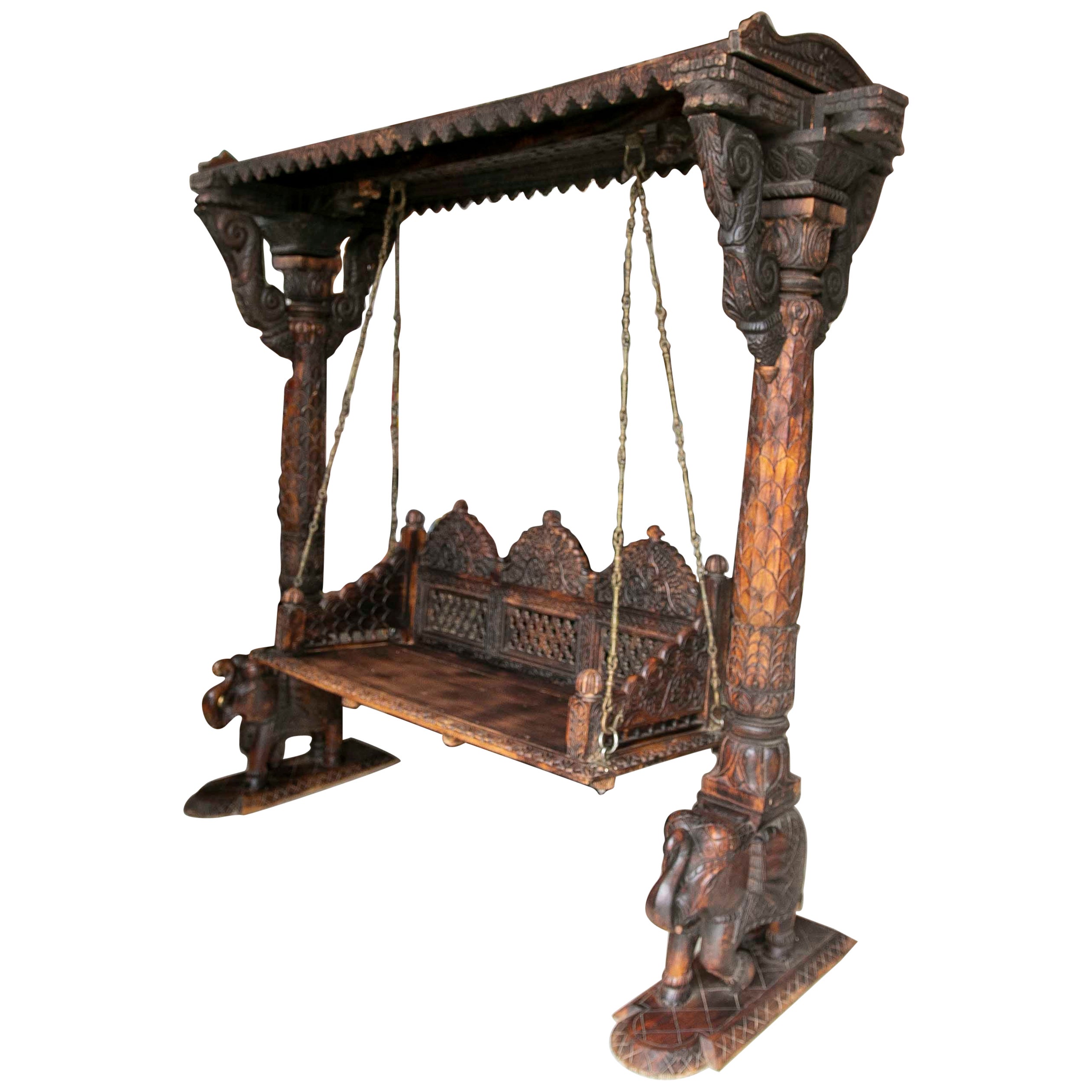 Hand-Carved Wooden Swing with Elephants and Columns  For Sale