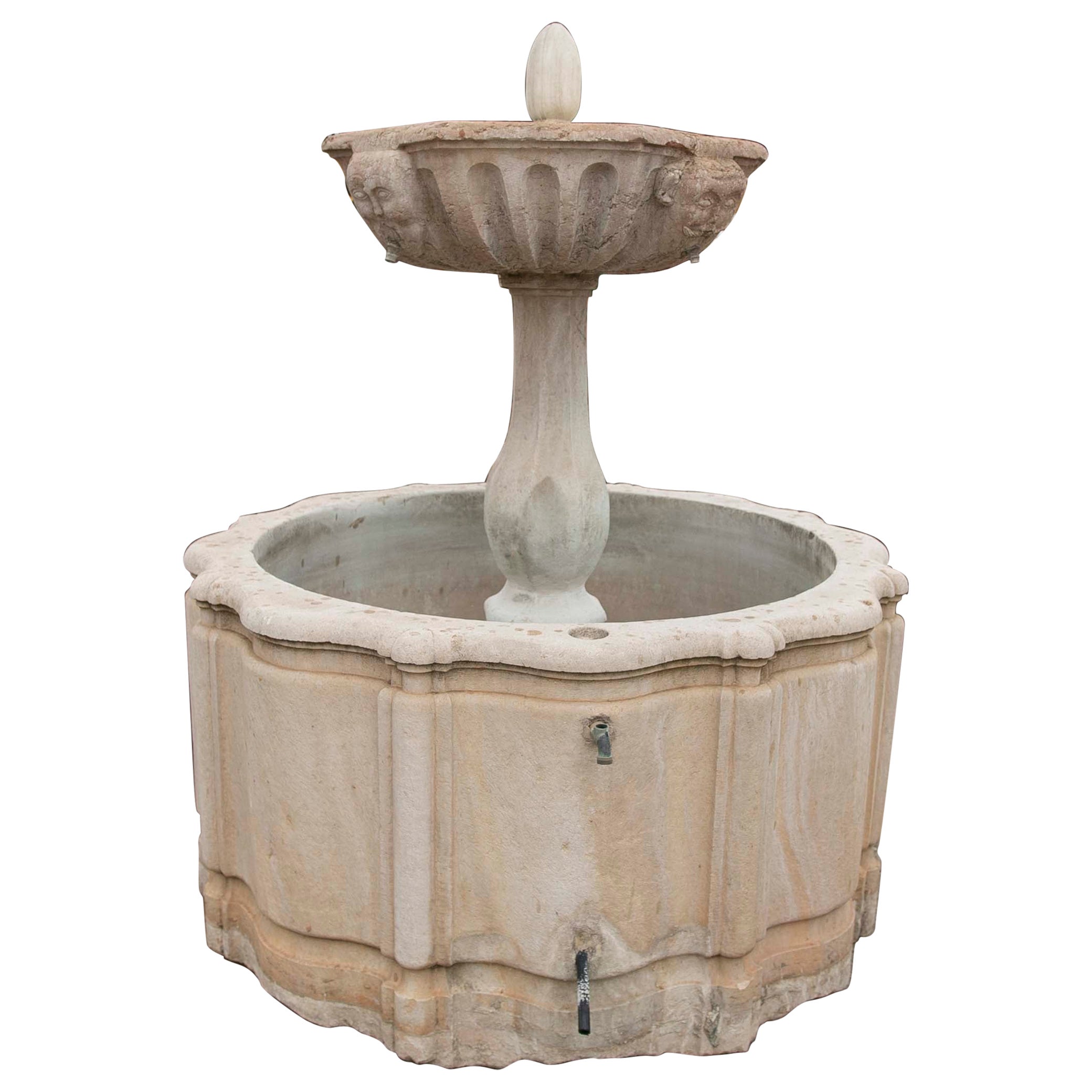 Hand-Carved Stone Fountain with a Plate Decorated with Faces For Sale