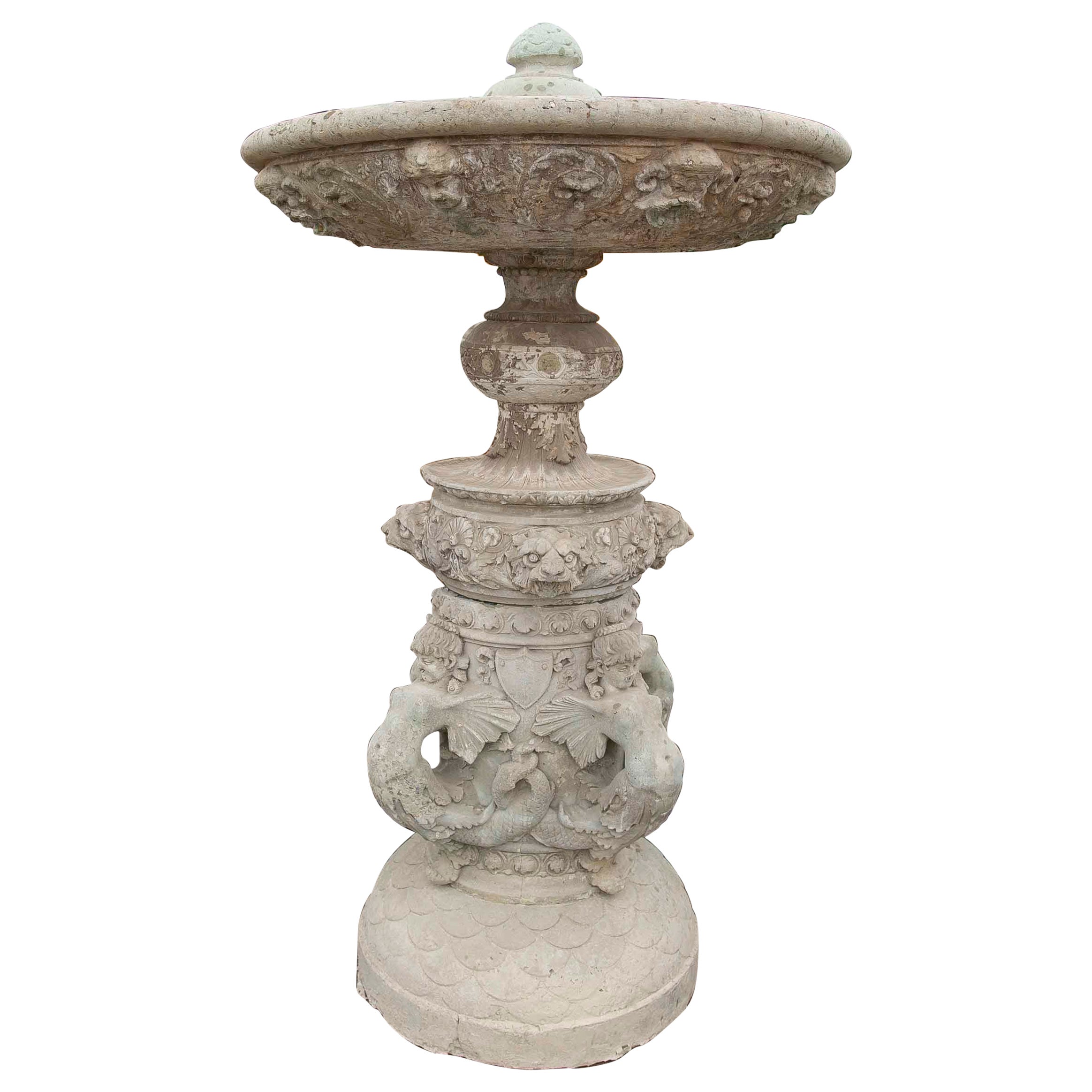 Italian Hand-Carved and Profusely Decorated Stone Centrepiece Fountain  For Sale