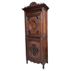 Vintage French Carved Bonnetiere Armoire Cabinet Brittany Breton Ship Spindle