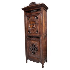 Antique French Carved Bonnetiere Armoire Cabinet Brittany Breton Ship Spindle