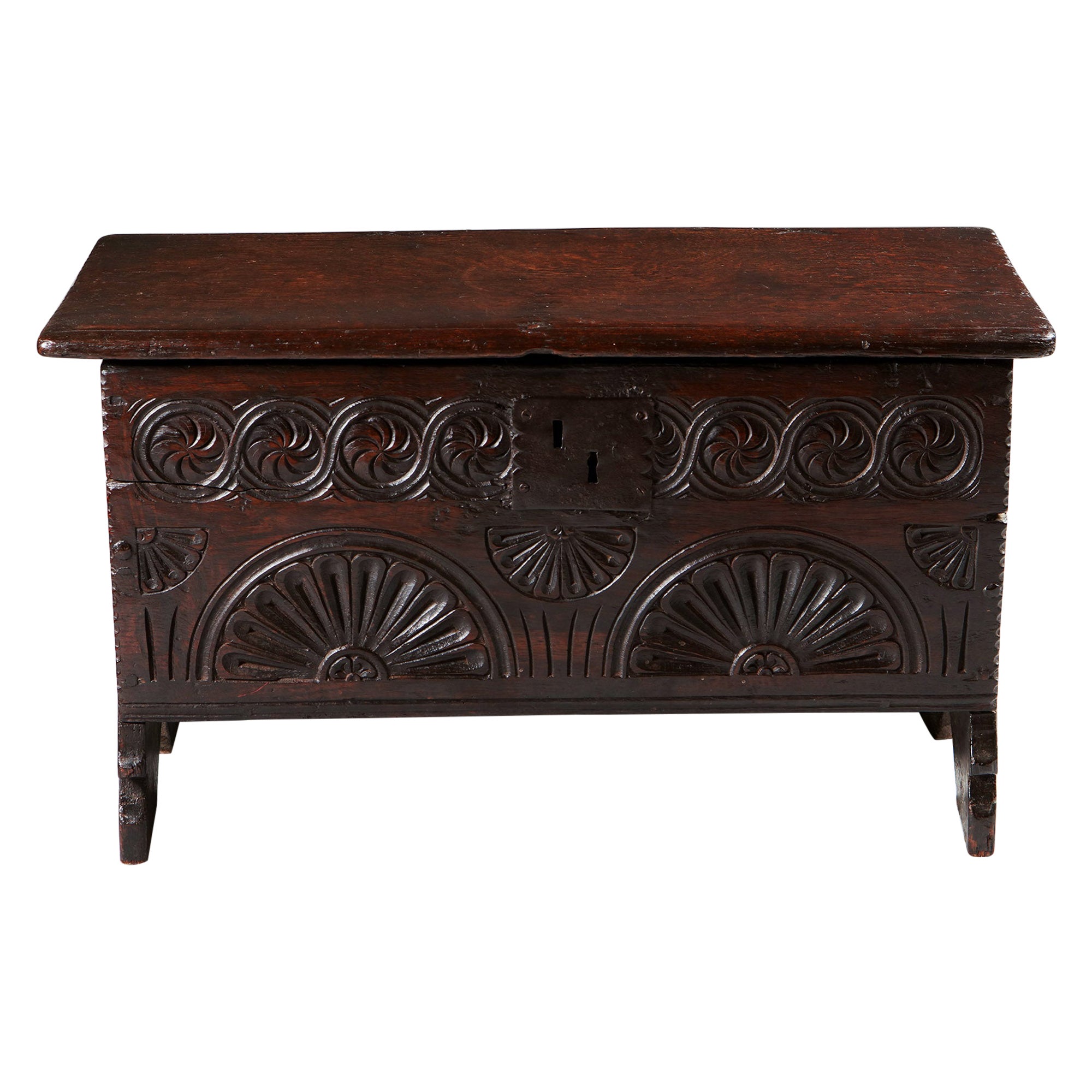 A Rare 17th Century Charles II Carved Oak Childs Coffer of Diminutive Proportion For Sale