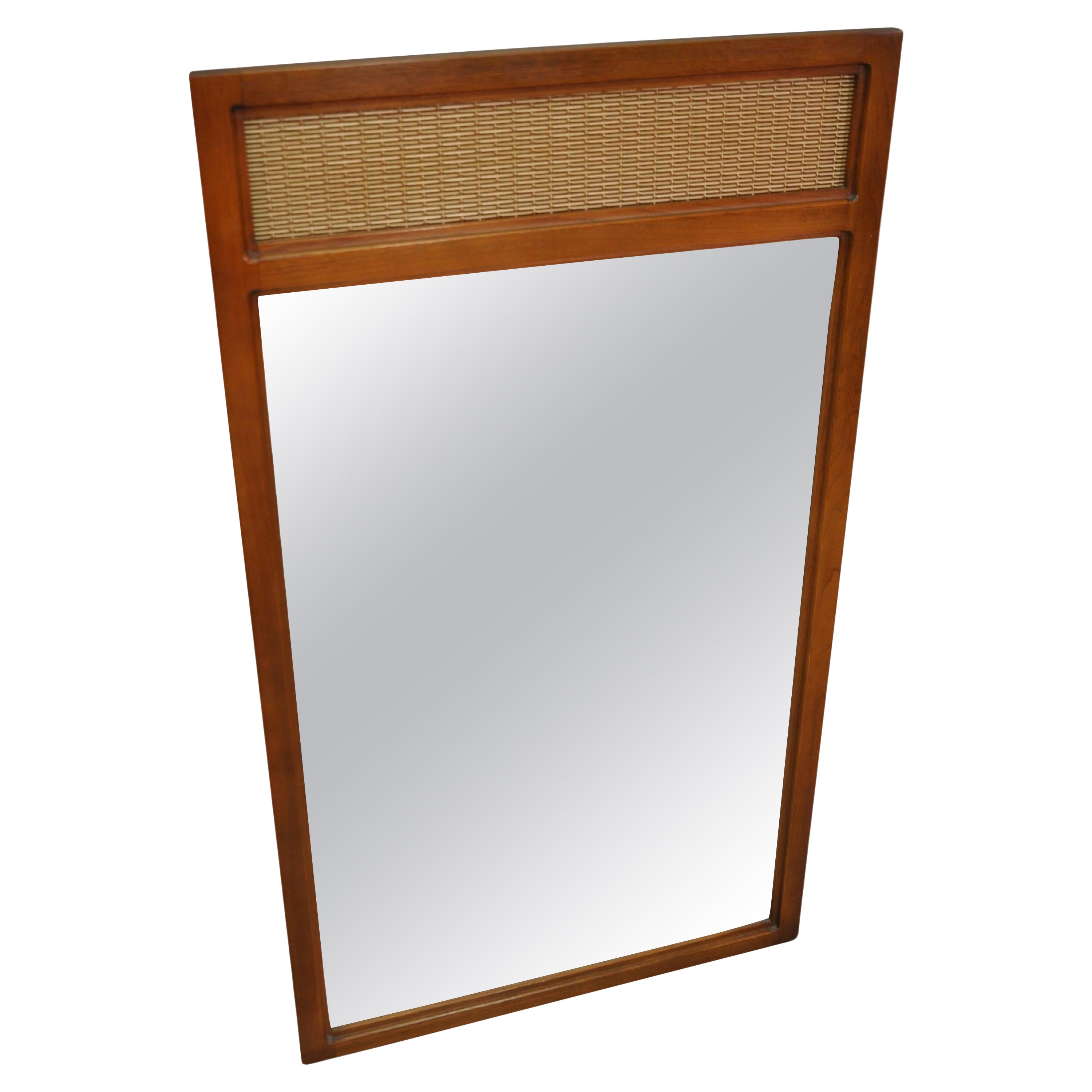 Midcentury Stanley Walnut and Brass Cane Mirror For Sale