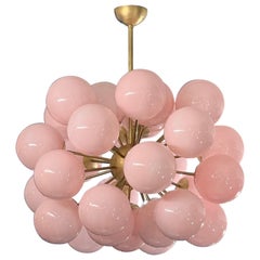 Vintage Brass Sputnik Chandelier with Pink Murano Glass Spheres 1980