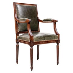 Diminutive Vintage Louis XVI Style Olive Green Leather Arm Chair