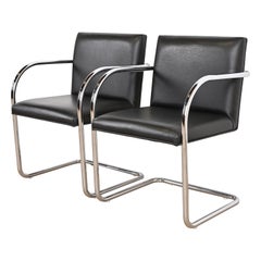 Mies Van Der Rohe Black Leather and Chrome Brno Chairs, Pair