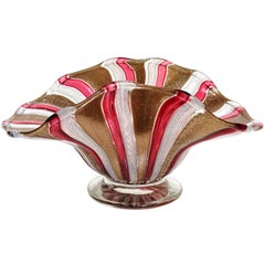Murano Glittery Copper Aventurine Red White Ribbons Italian Art Glass Bowl Dish
