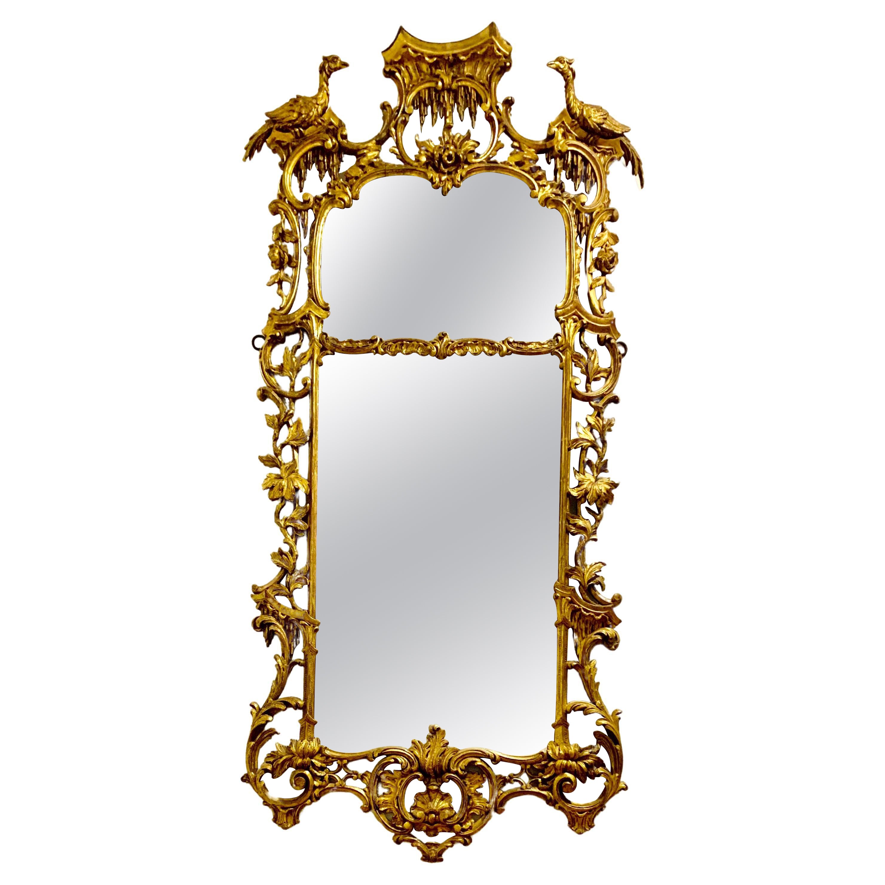 Magnificent 18th Century Chinese Chippendale Ho-Ho Bird Carved Giltwood Mirror For Sale