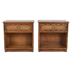 Drexel Hollywood Regency Chinoiserie Walnut Faux Bamboo Nightstands, Pair