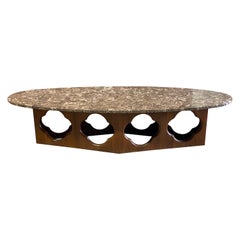 Retro Mid Century Modern Walnut Quatrefoil Base with Oval Marble Top Coffee Table