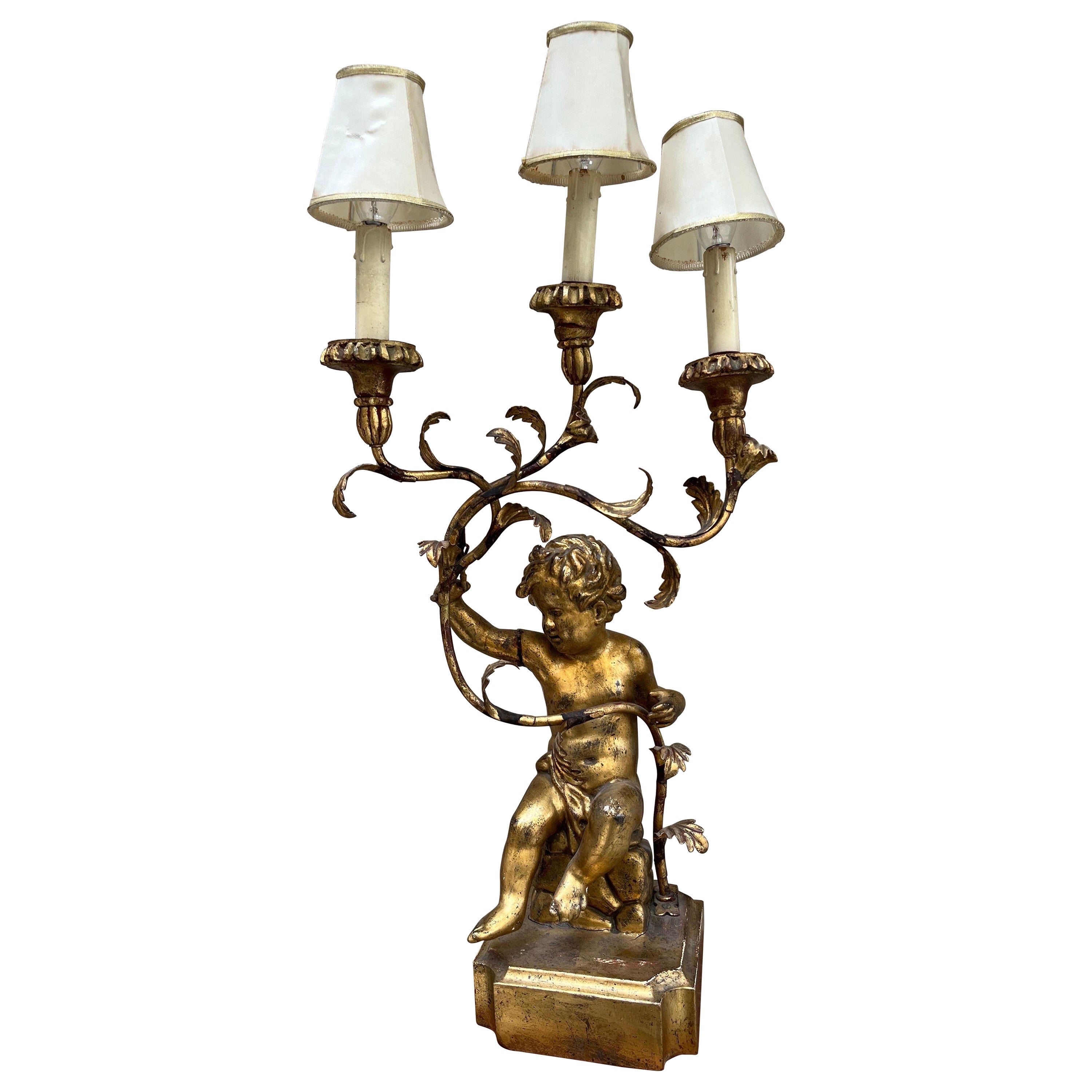 Lampada Antica con Putto Oro a tre luci ‘800 For Sale