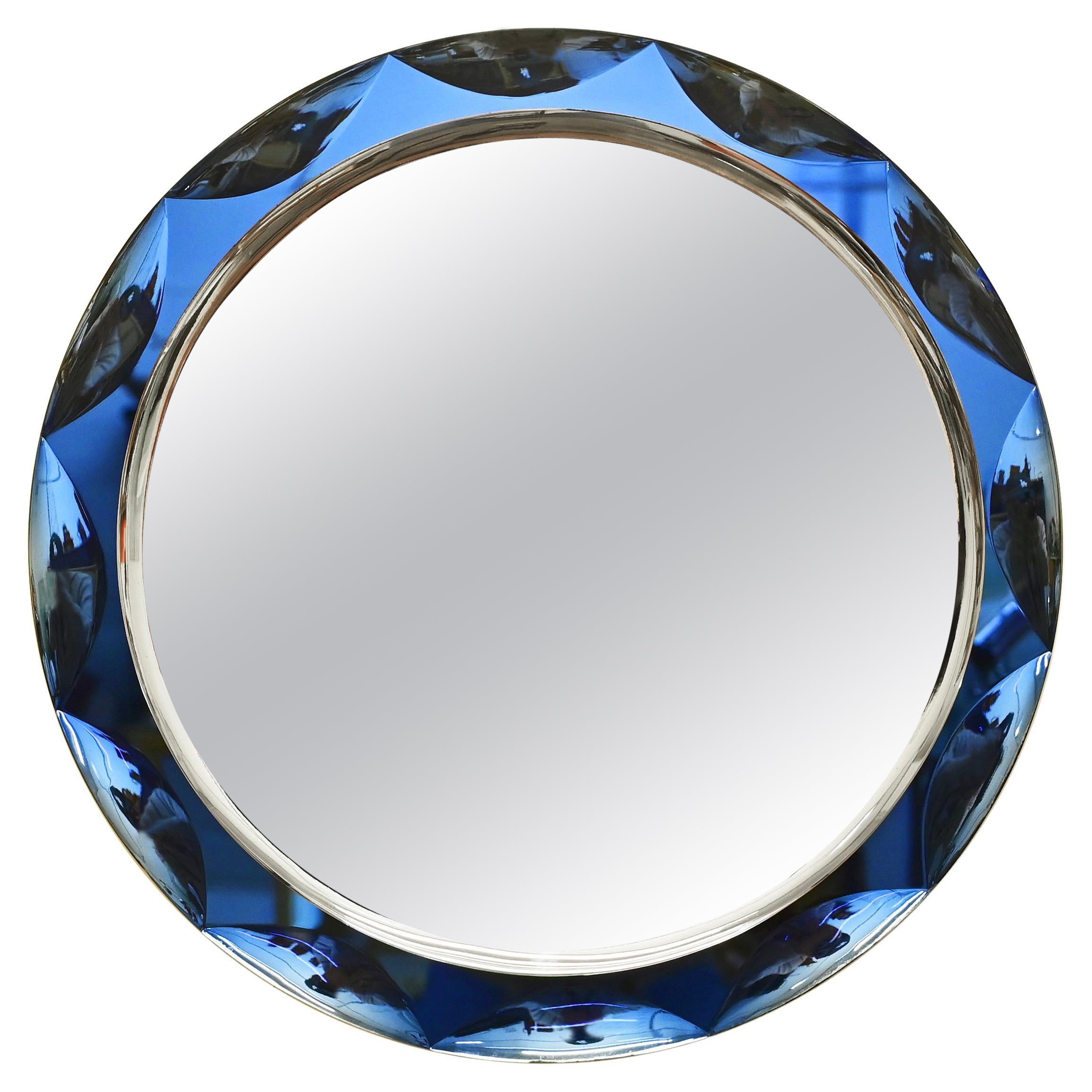 Midcentury Round Blue Diamond Double Beveled Mirror by Galvorame, Italy 1970s For Sale