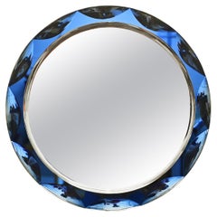 Retro Midcentury Round Blue Diamond Double Beveled Mirror by Galvorame, Italy 1970s