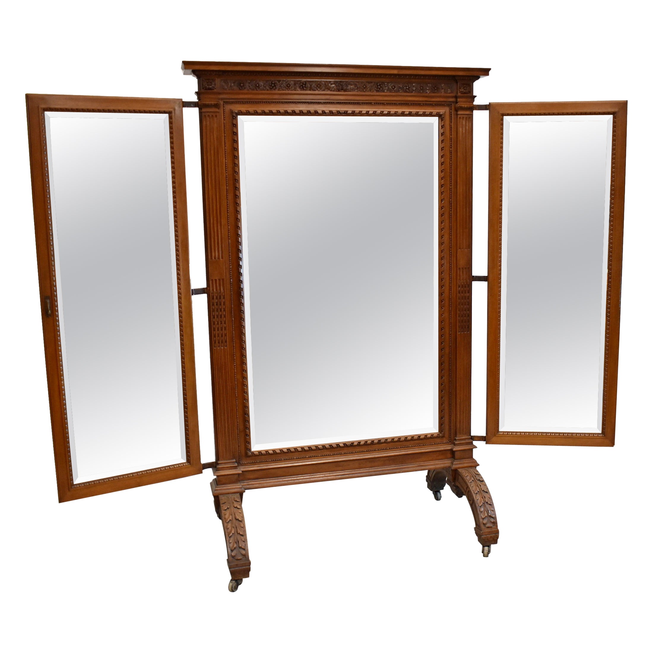 Antique Walnut Cheval Dressing Full Length Triple Mirror For Sale