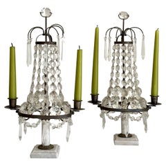Antique chandelier de table girandoles scandinave gustavien en cristal et marbre