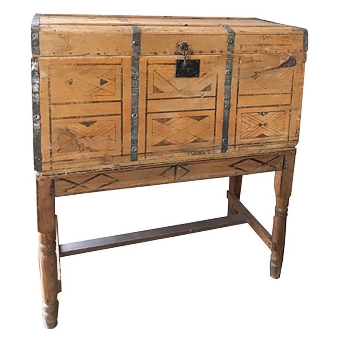 Primitive/Early Hand-Painted Blanket Chest, Wedding Trunk on base.  For Sale
