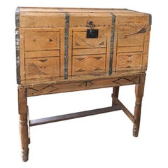 Used Primitive/Early Hand-Painted Blanket Chest, Wedding Trunk on base. 