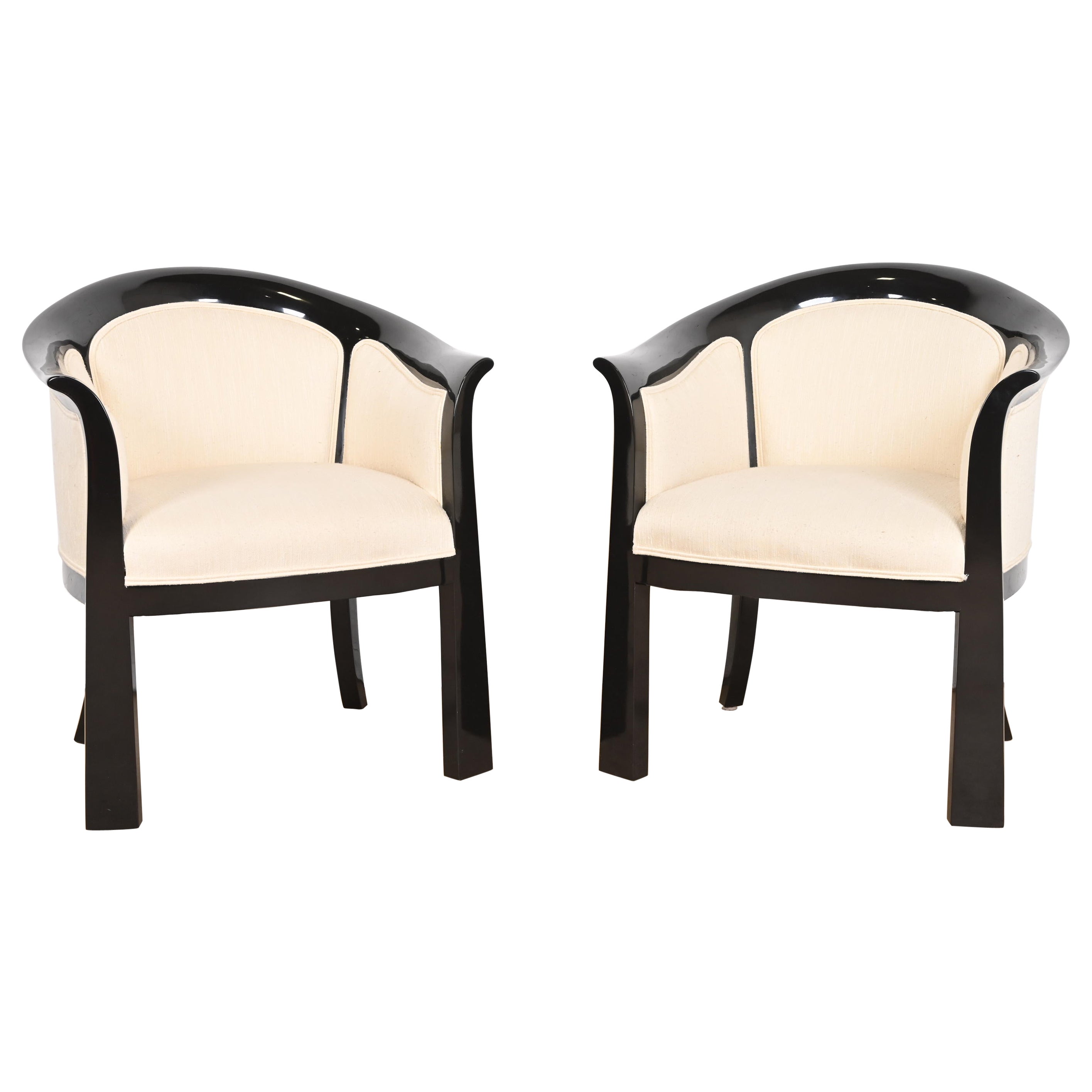 Interior Crafts Modern Art Deco Black Lacquered Tub Chairs, Pair