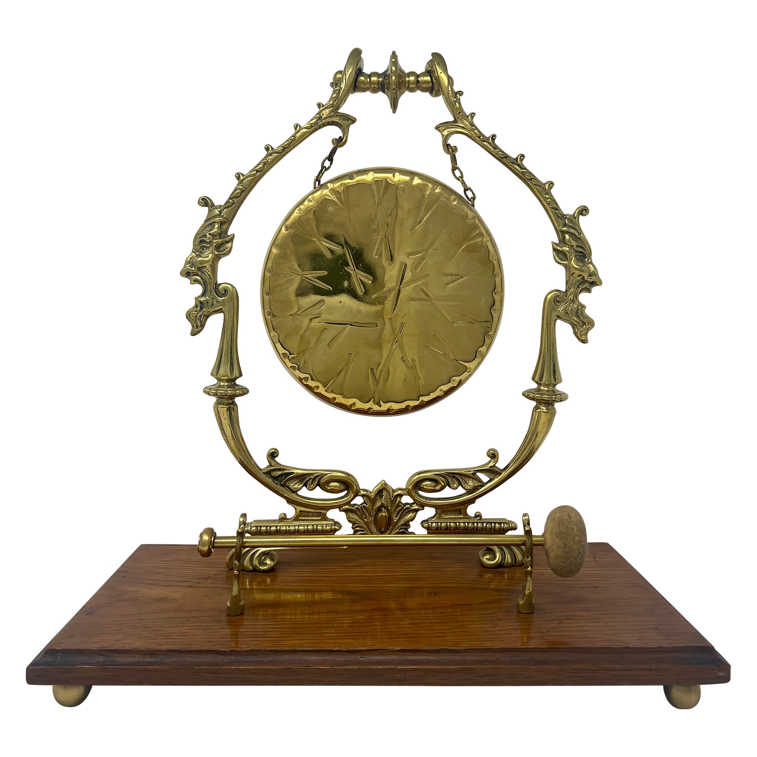 Antique English Brass And Oak Tabletop Gong, Circa 1910. For Sale