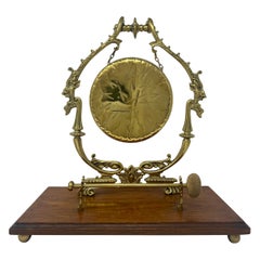 Antique English Brass And Oak Tabletop Gong, Circa 1910.