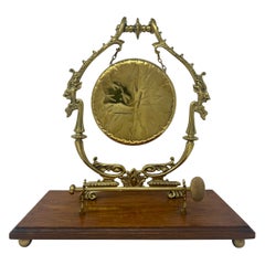 Used English Brass And Oak Tabletop Gong, Circa 1910.