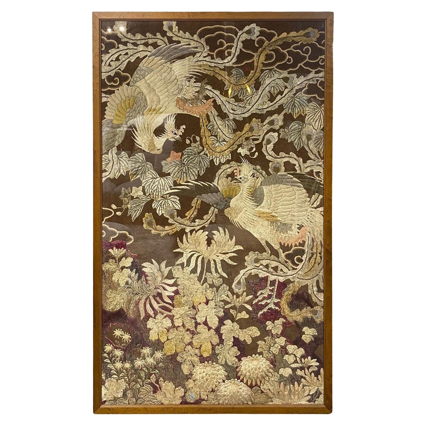 Japanese Asian Large Meiji Period Silk Embroidery Peacock Bird Flower Tapestry For Sale
