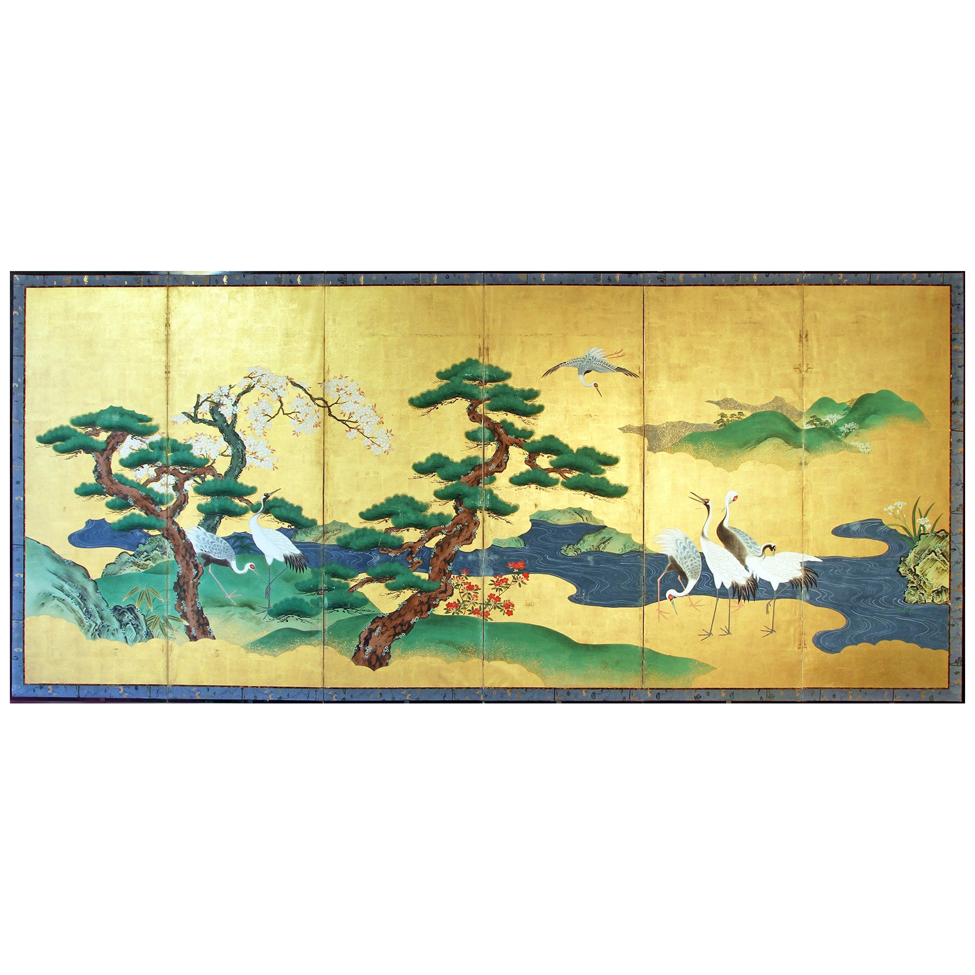 Japanese Folding Screen Six Panels Painted on Gold Leaf