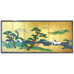 Japanese Folding Screen Six Panels Painted on Gold Leaf