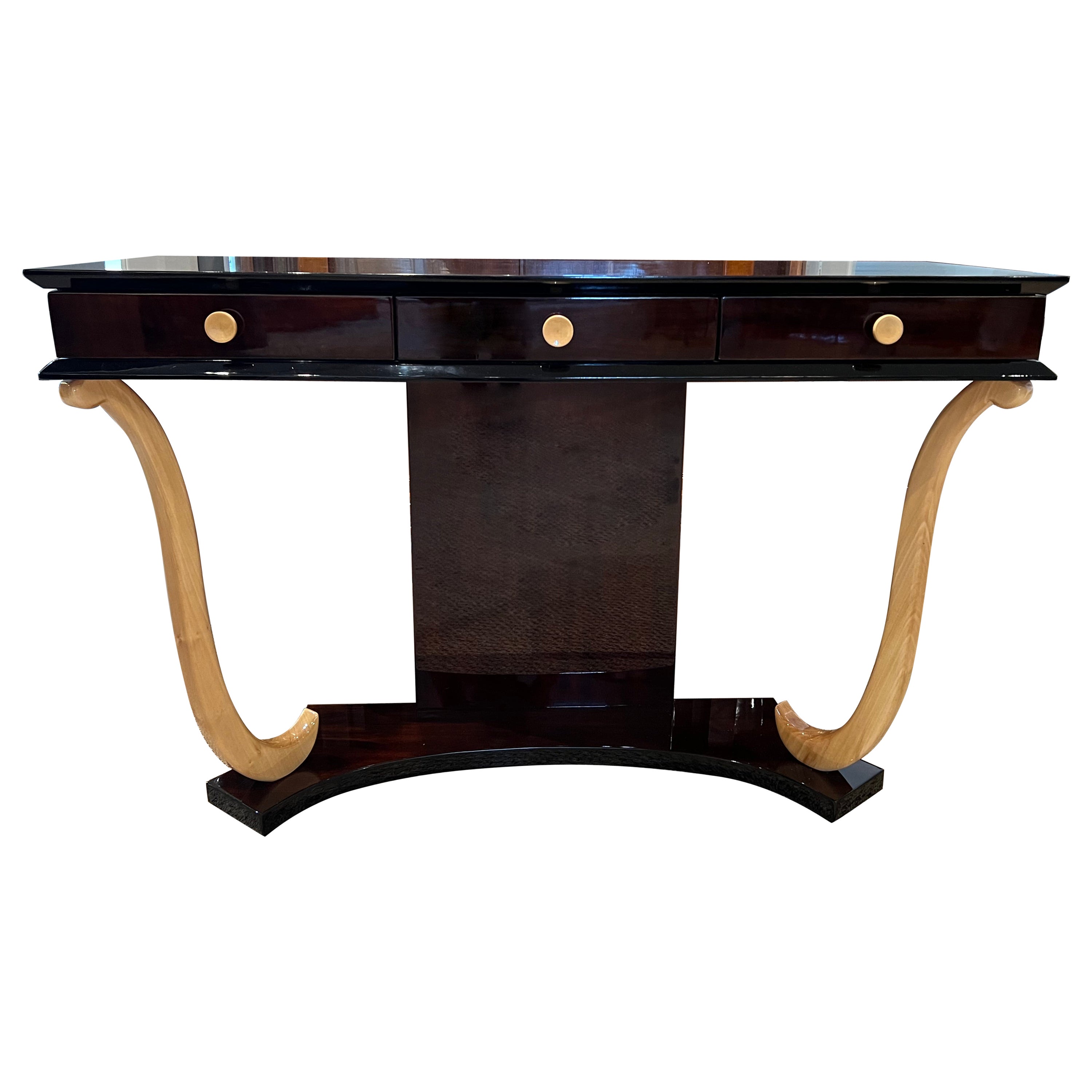 Two Toned Art Deco French Console in walnut For Sale