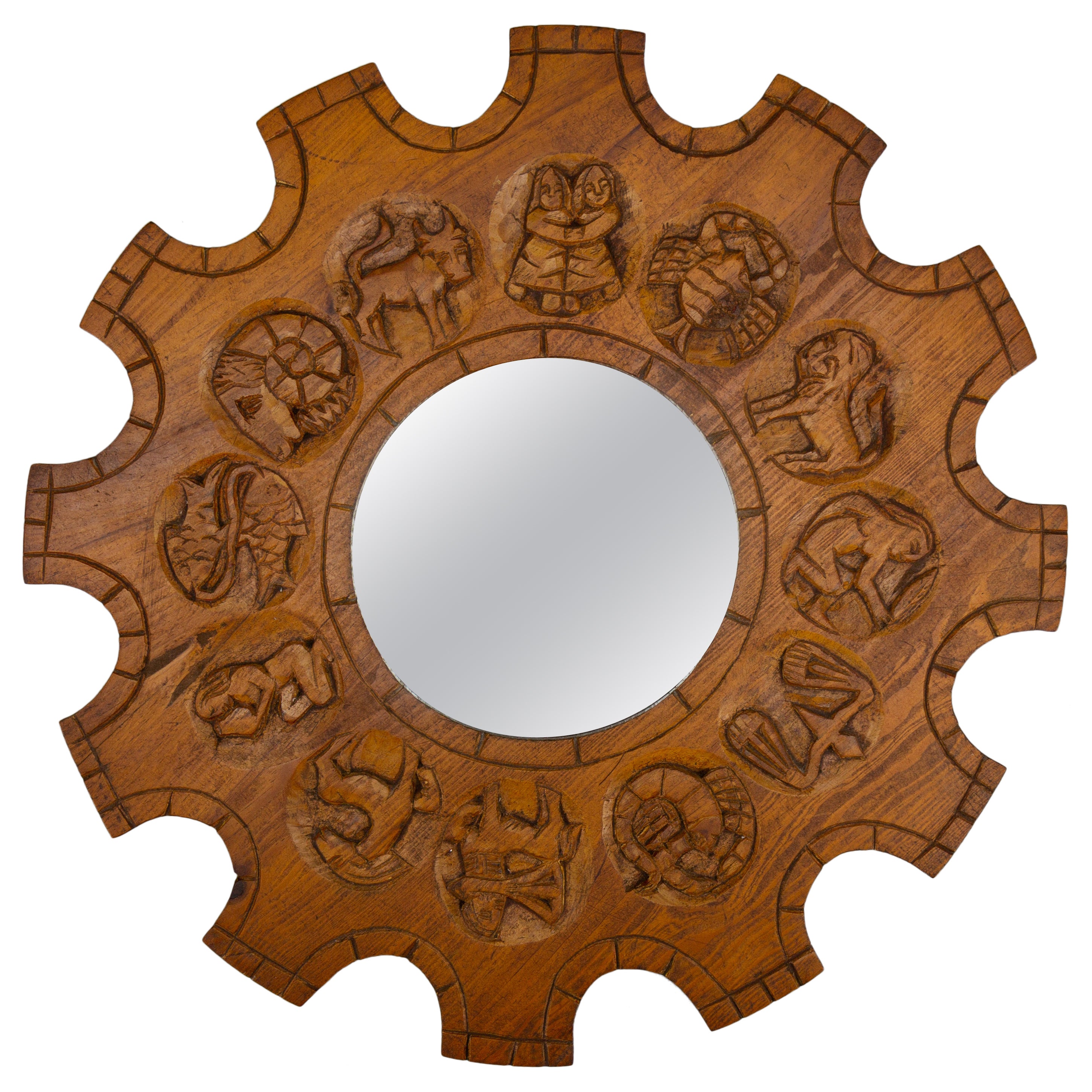 Mid-Century Modern geschnitzt Kiefer-Holz Sunburst Shaped Wall Mirror Zodiac Zeichen im Angebot