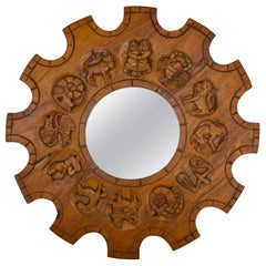 Mid-Century Modern Carved Pine-Wood Sunburst Shaped Wall Mirror Zodiac Signs