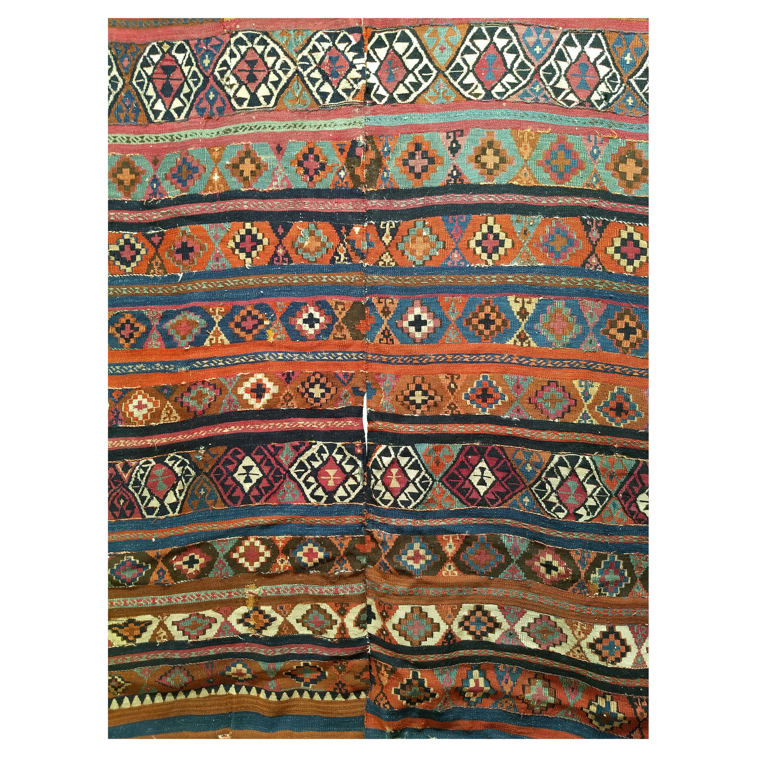 Vintage Caucasian Kilim in Geometric Pattern in Turquoise, Purple, Blue, Ivory