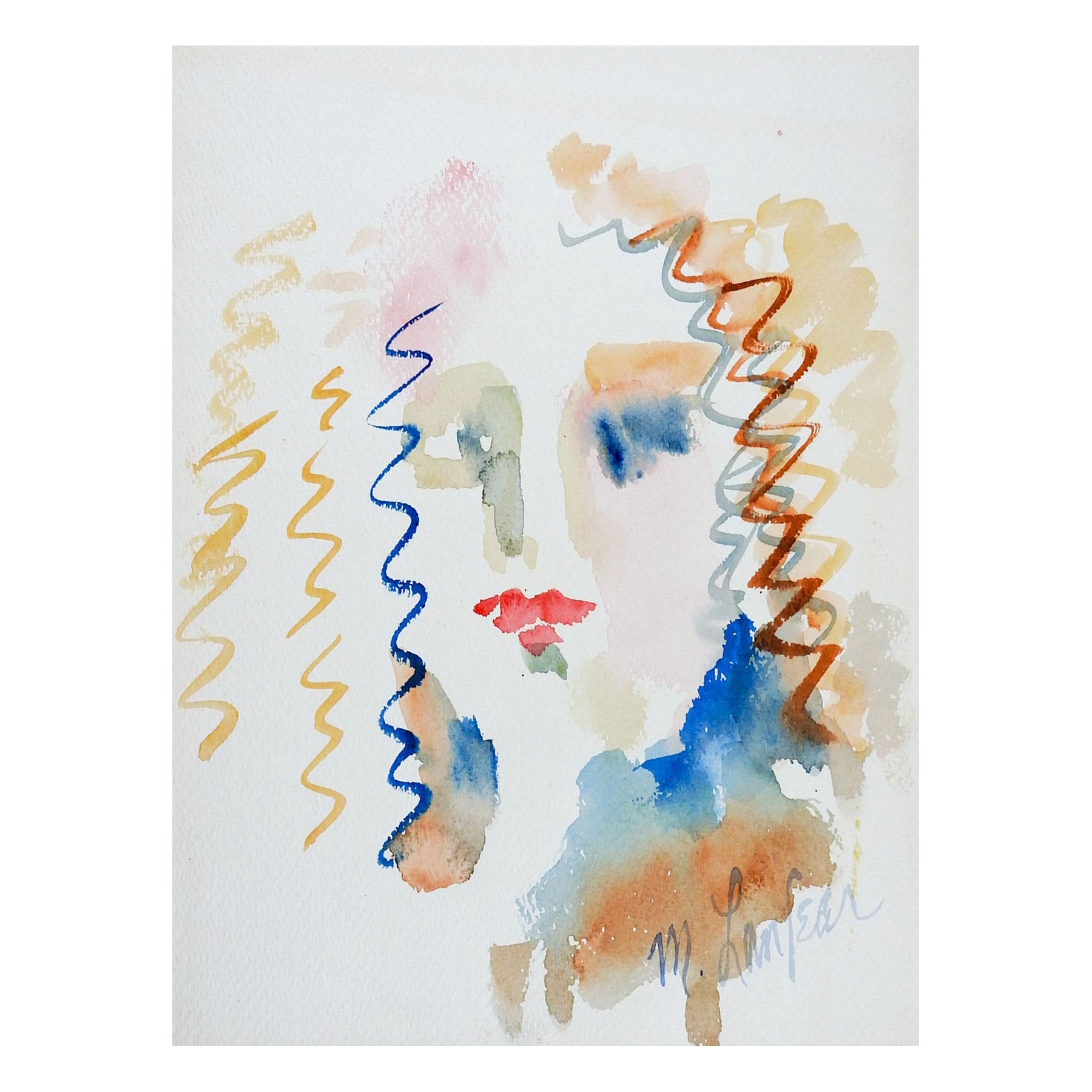 Impressionistisches Porträt Frau mit lockigem Haar, Aquarellgemälde im Angebot