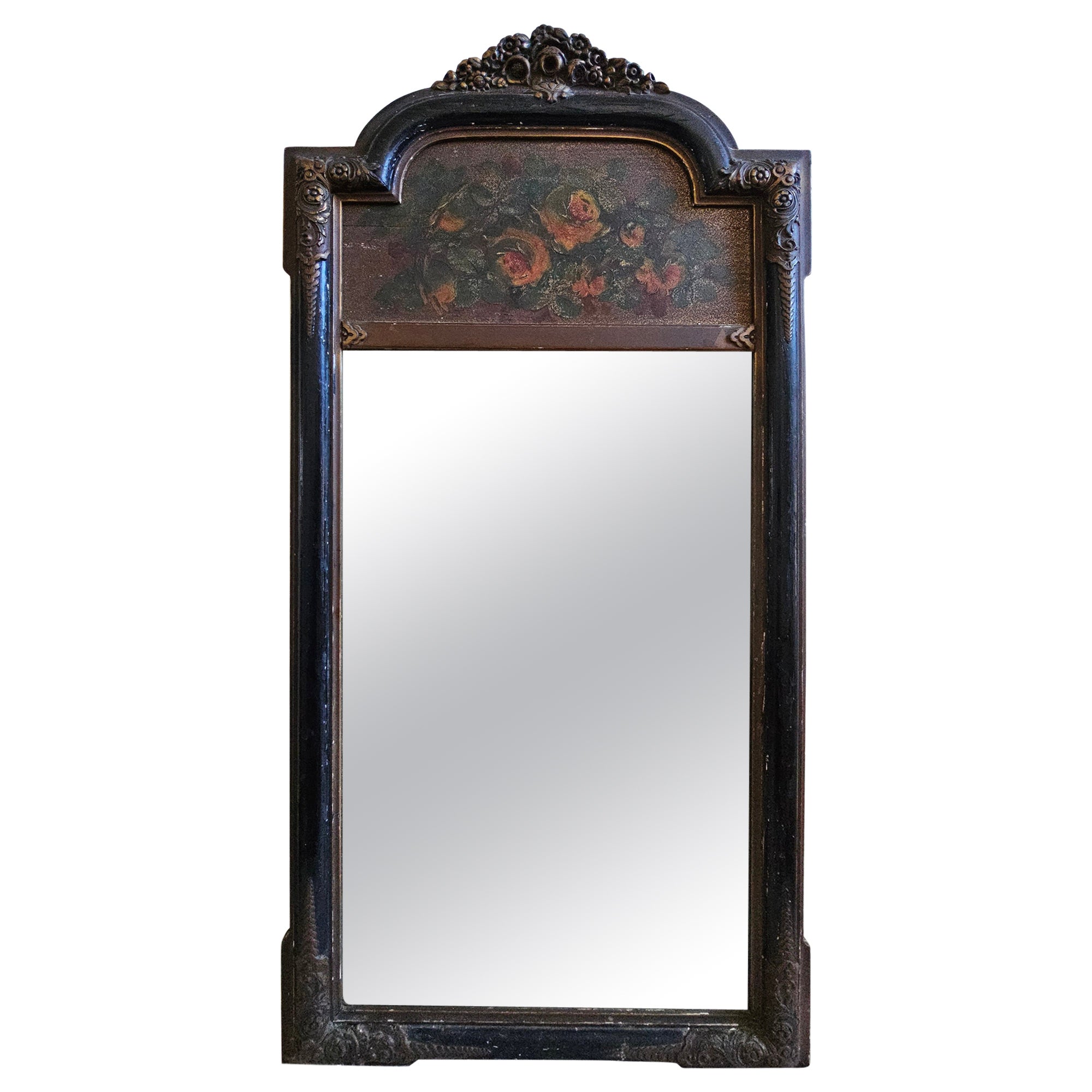 19th Century Louis Philippe Partial Gilt, Ebonized and  Painted Trumeau Mirror  For Sale