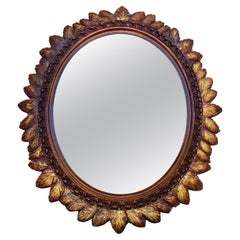 Mid-Century French Oval Mirror in Gold Flower Frame, 1960s